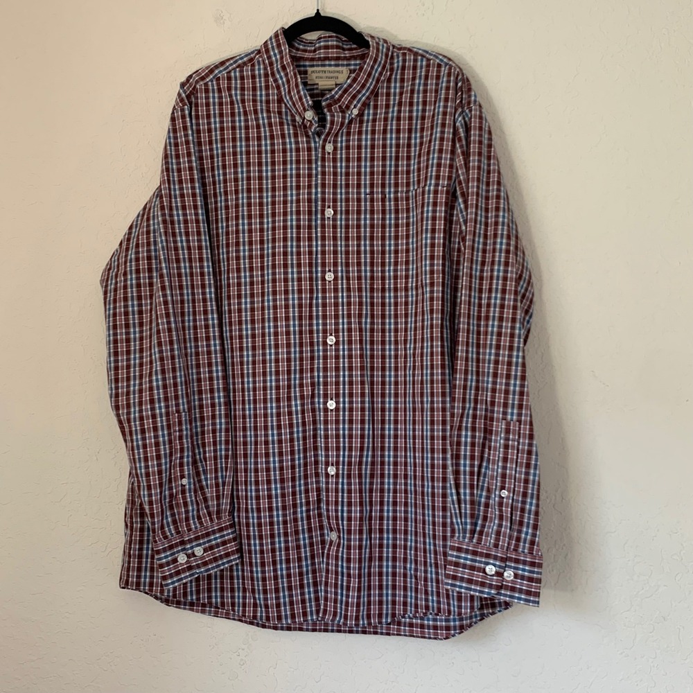 Duluth Trading Co Button Down Men XL Tall Burgundy Plaid Wrinklefighter Relaxed